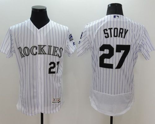 Rockies #27 Trevor Story White Strip Flexbase Authentic Collection Stitched MLB Jersey